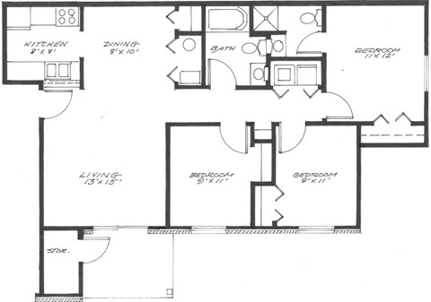 Floor plan for 3 beds, 2 baths, 1039 sqft